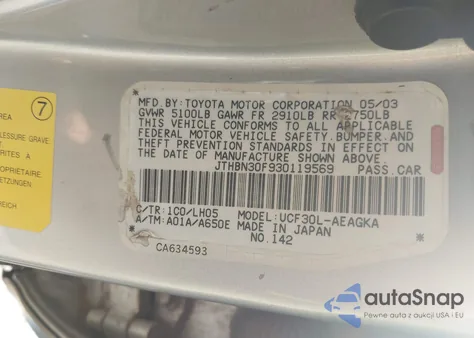 2003 Lexus Ls 430 из США, поврежденный, VIN JTHBN30F930119569